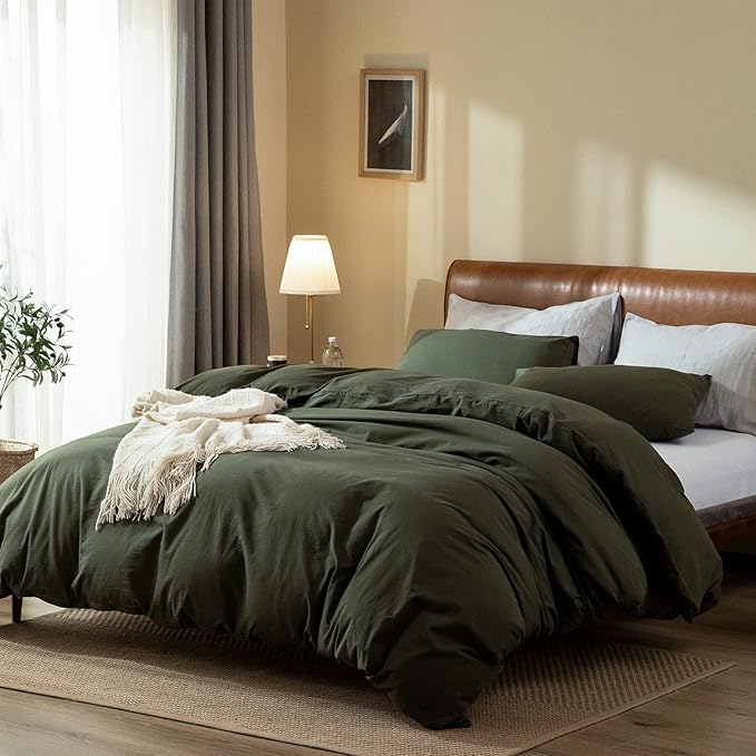 Dark Green Duvet Cover Queen, 100% Washed Cotton Linen Like Textured Solid Color Casual Modern Green Bedding Set, with Zipper Closure, Luxury Soft Relaxed Feel Natural Wrinkled Comfy (3pcs, Queen)