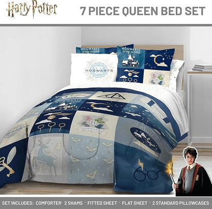 Jay Franco Kids Comforter Set Includes Sheets and Pillow Covers - Soft and Cozy Bed Set for Stylish Room Decor, Multi - Harry Potter, 7 Piece Queen Size Bedding