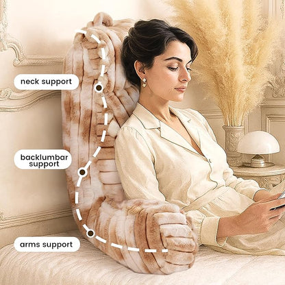 Amélie Home Faux Fur Reading Pillow with Pocket for Sitting in Bed, Adult Backrest Bed Pillow with Washable Cover for Lounging, Study & Relaxing, Tie-dye Khaki 25 inches