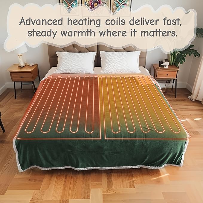 Electric Heated Blanket Throw Size 50"x60", Soft Flannel with Overheat Protection, 6 Adjustable Heat Settings & 3-Hour Auto-Off Timer, Fast Heating for Winter Comfort, Dark Green