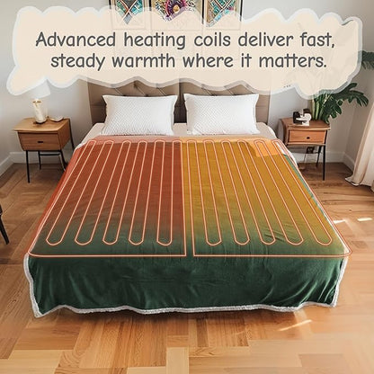 Electric Heated Blanket Queen Size 84"x90", Soft Flannel with Dual Controllers & Overheat Protection, 6 Adjustable Heat Settings & 10-Hour Auto-Off Timer, Fast Heating for Winter Comfort, Dark Green