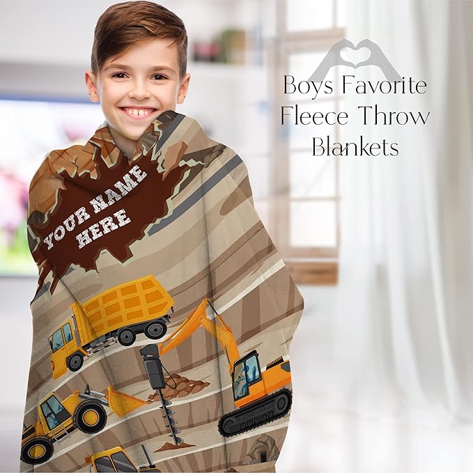 Personalized Blanket for Kids | Construction Truck Blanket | Fleece Throw for Boys and Girls | Kids & Toddlers | Tonka Bulldozer Dump Truck Loader Excavators (50x60 Sherpa, V4)