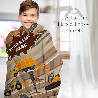 Personalized Blanket for Kids | Construction Truck Blanket | Fleece Throw for Boys and Girls | Kids & Toddlers | Tonka Bulldozer Dump Truck Loader Excavators (50x60 Sherpa, V4)