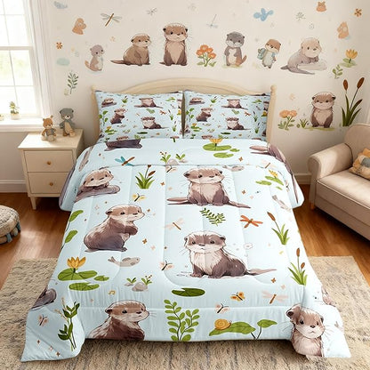 Watercolor Otter Comforter Set Queen Size Cartoon Fish Wild Butterfly Dragonfly Bedding Comforter for Kids Boys Girls Teens Pond Green Lotus Leaf Cute Animals Bedroom Quilt Set with 2 Pillowcases