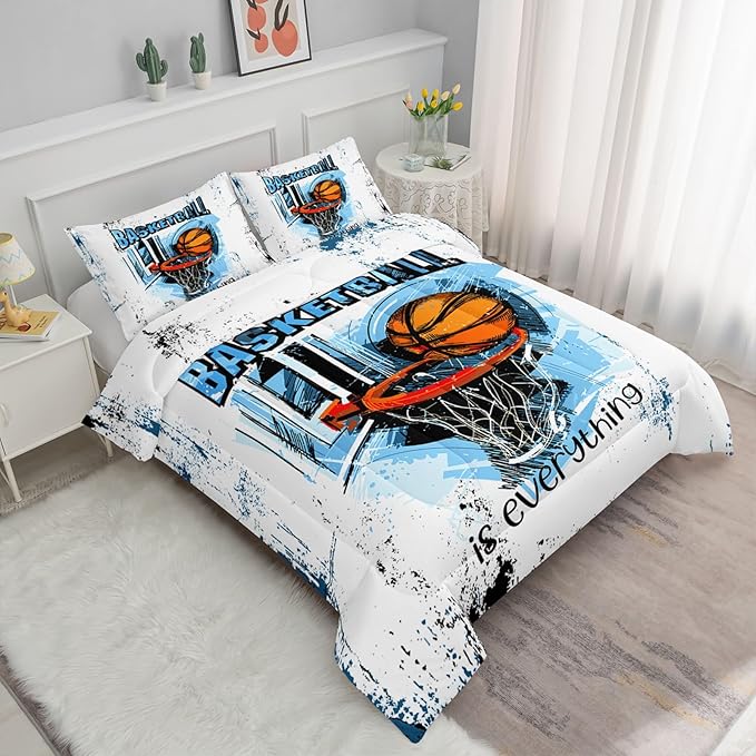 Basketball Comforter Set Ball Sports Cartoon Printed Bedding Set with 1 Comforter and 2 Pillowcases for Boys and Girls Bedroom All Season(Basketball-3 Twin)