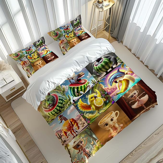 Funny Fusion Animals Bedding Set,Fusion Animals Duvet Cover Twin Full Queen King Set for Kids Boys Bed Decor Gifts (Color 9,King (104" x 90"))