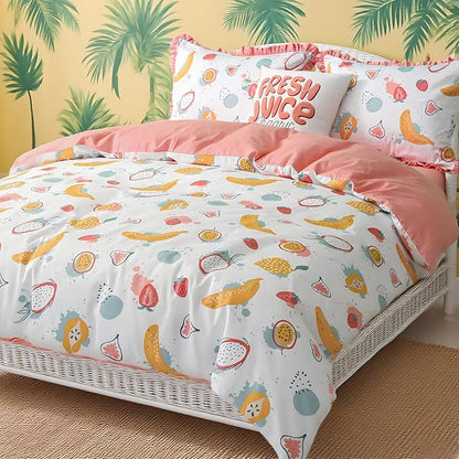 Simple&Opulence 100% Organic Cotton Duvet Cover for Kids Teens, 4 Piece Soft Cartoon Comforter Cover with Zipper Closure, Kawaii Girls Bedding Set with Colorful Fruits Pattern, Full/Queen