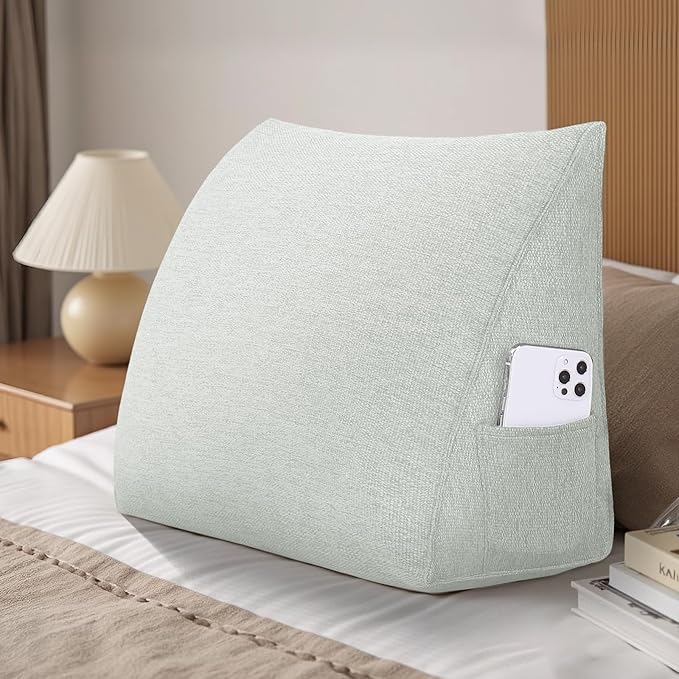 Wedge Headboard Reading Pillow for Bed Linen Triangular Backrest Bolster Pillow for Sitting Up Daybed Cushion Lumbar Body Support Positioning for Headboard, Couch, Dorm, Ivory-White