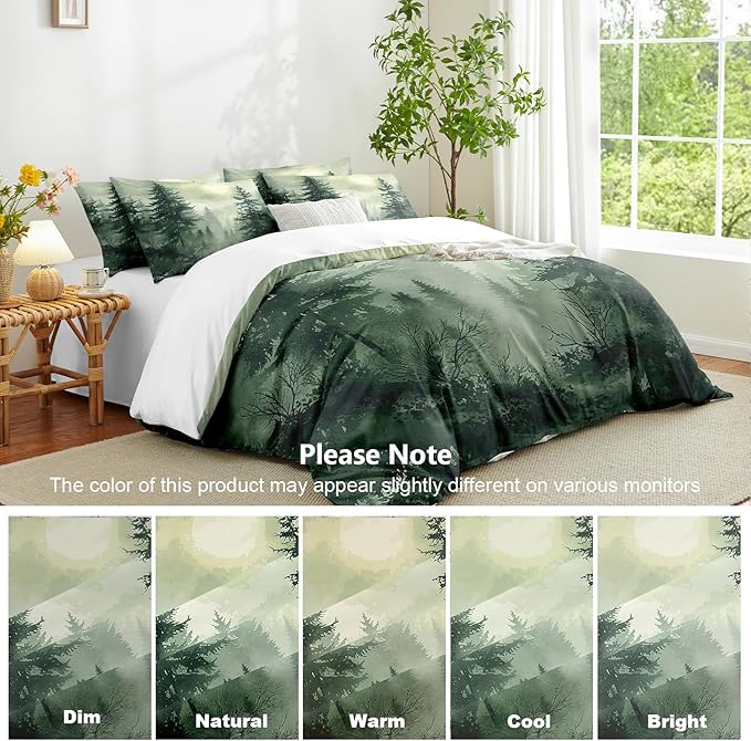 Pine Tree Duvet Cover Full Size Forest Olive Green Duvet Cover Set Gradient Watercolor Botanical Bedding Set Soft Breathable Microfiber Comforter Cover(2 Pillowcases, No Comforter)