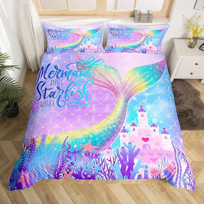 Mermaid Tail Duvet Cover Set Twin Size,Rainbow Watercolor Mermaid Scale Bedding Set for Kids Girls Women Bedroom Decor,Fantasy Coral Castle Comforter Cover Girly Dreamy Quilt Cover,1 Pillowcase