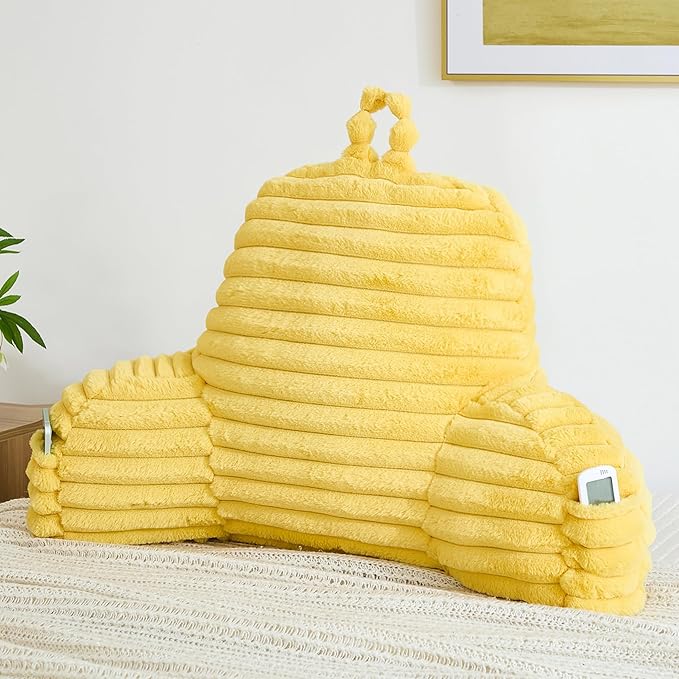 Faux Fur Fluffy Yellow Reading Pillow with Pockets, Luxury Striped Plush Decorative, Arm Rests and Back Support for Bed Rest, Lounging on Sofa, Extra Large Size for Adult.