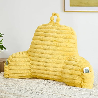 Faux Fur Fluffy Yellow Reading Pillow with Pockets, Luxury Striped Plush Decorative, Arm Rests and Back Support for Bed Rest, Lounging on Sofa, Extra Large Size for Adult.