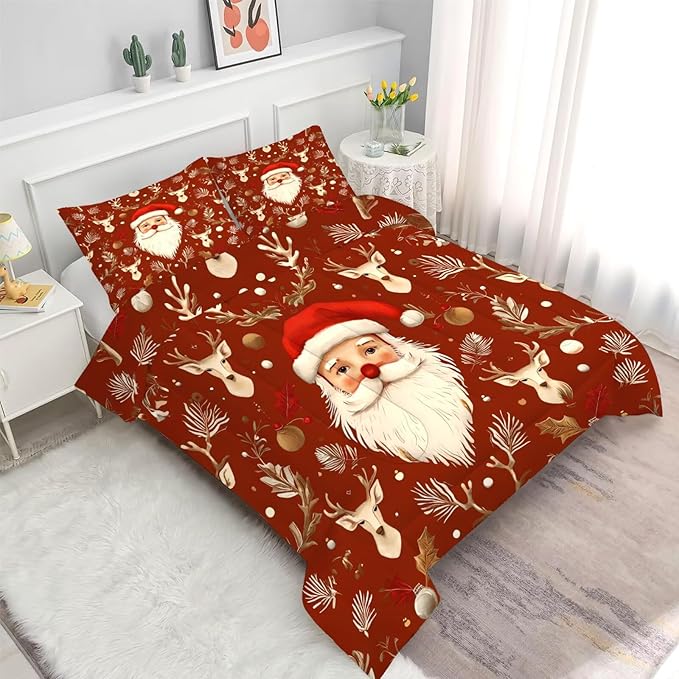 Red Christmas Comforter Set Santa Claus Bedding Full/Queen Size for Kids Girls Women Xmas Reindeer Holiday Bedroom Quilt Bed Sets, 1 Comforter 2 Pillowcases