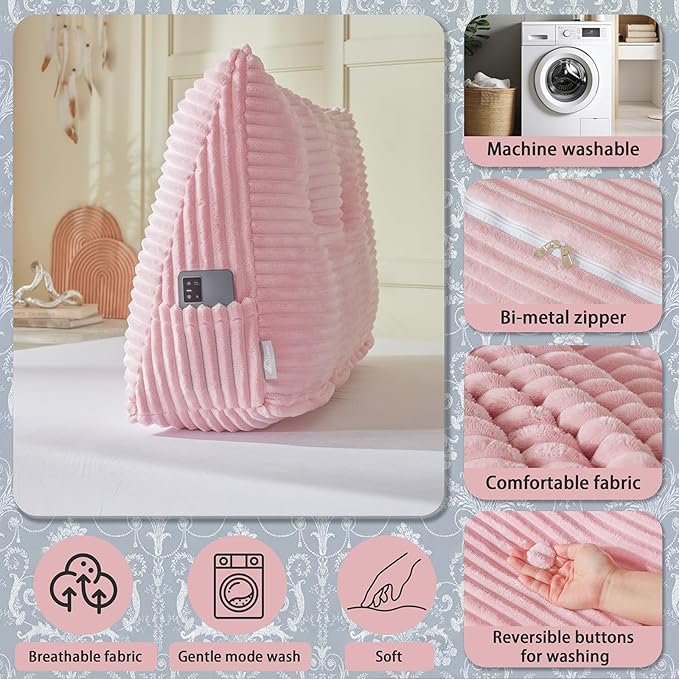 Headboard Wedge Pillow + A Long Neck Roll Pillow Body Pillow，Large Headboard Pillow with Removable Cover (Pink, Twin：39x8x20 inches)