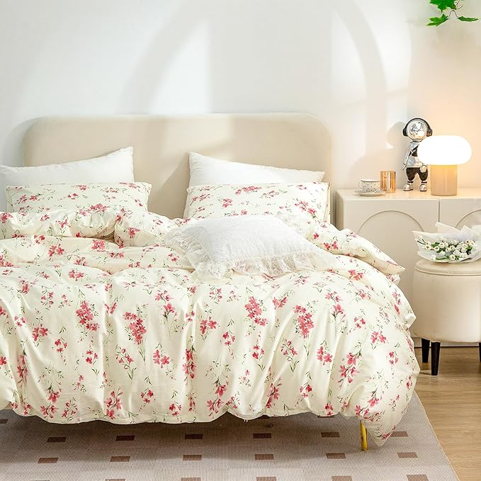 Jane yre Duvet Cover Floral King Brushed Microfiber 3 Pieces Bedding Sets, Garden Style Pattern Duvet Cover Flower, with Zipper Closure, Luxury Soft Breathable Comfy