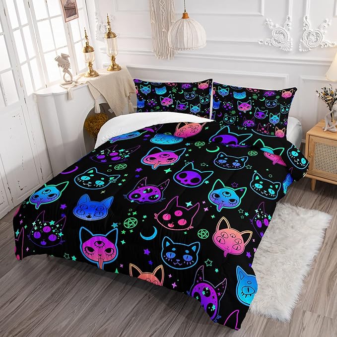 Axolotl Cat Comforter Set Twin,Kawaii Trippy Cat Moon Stars Bedding Set with 1 Comforter 2 Pillowcases for Kids Boys Girls Teens Adults Room Decor All Season,Colorful Neon Trippy Bed Set