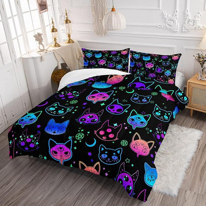 Axolotl Cat Comforter Set Twin,Kawaii Trippy Cat Moon Stars Bedding Set with 1 Comforter 2 Pillowcases for Kids Boys Girls Teens Adults Room Decor All Season,Colorful Neon Trippy Bed Set