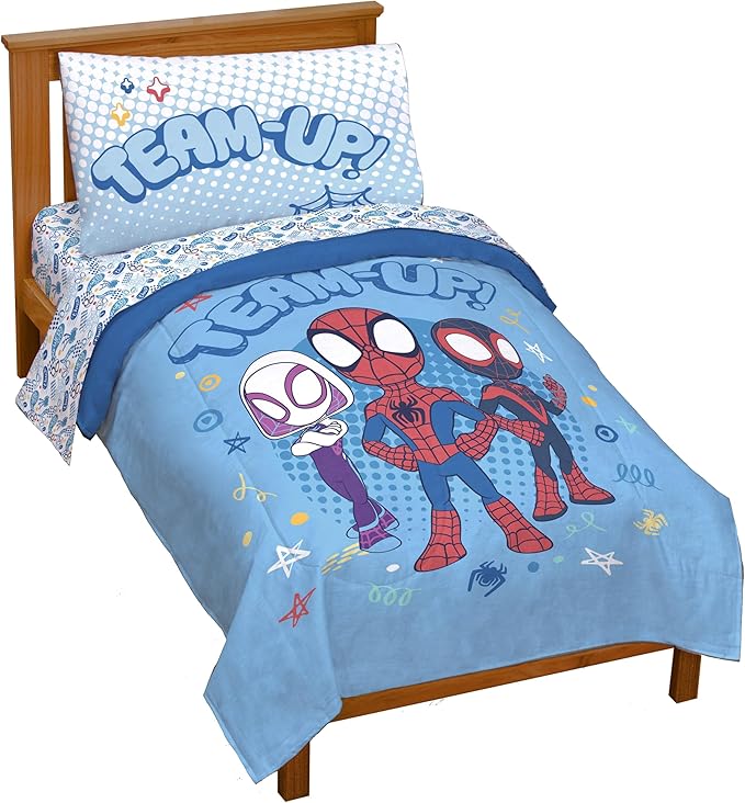 Jay Franco Kids Comforter Set Includes Sheets and Pillow Covers - Soft and Cozy Bed Set for Stylish Room Decor, Light Blue - Spidey & His Amazing Friends, 4 Piece Toddler