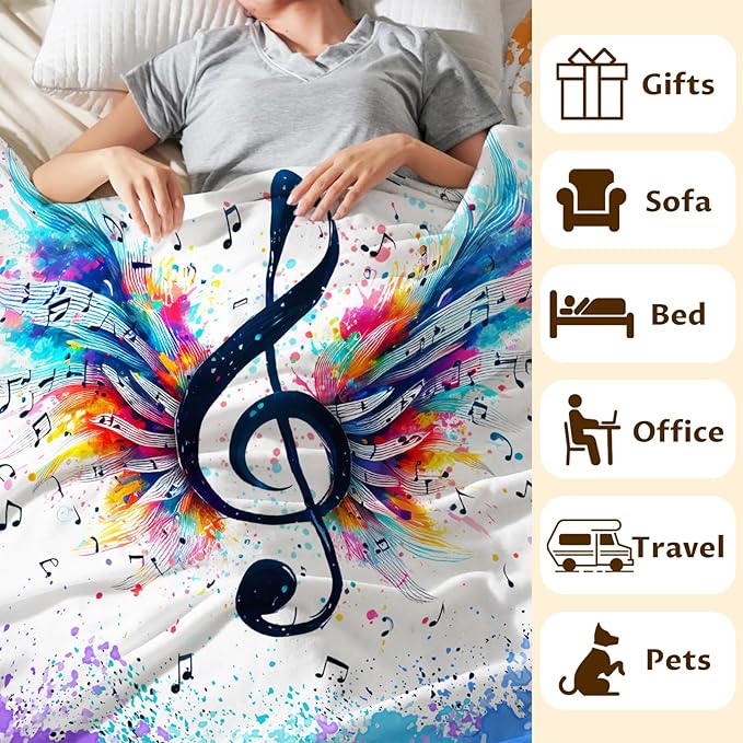 Music Blanket for Kids Teens Adults, 60x80 Inches Music Note Throw Blanket Gifts for Music Lovers Boys Girls, Soft Fuzzy Flannel Blanket Music Decor for Bed Couch Sofa Home