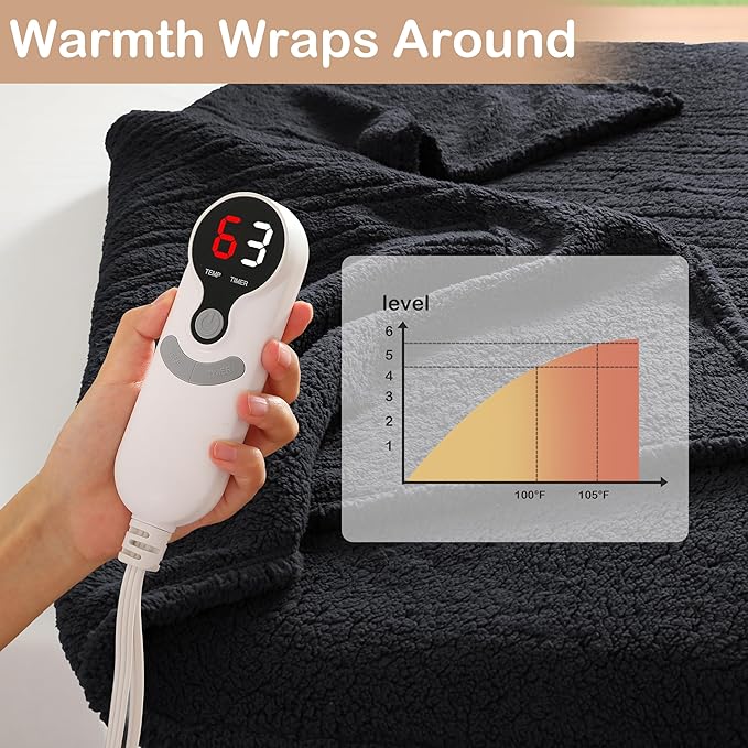 Electric Heated Blanket Full Size 72"×84" with 6 Heating Levels & 1-10Hs Auto Off, Heating Blanket Double Sided Plush Sherpa, Fast Heating, Machine Washable for Christmas Gift - Black
