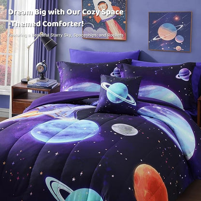 Twin Comforter Set for Boys-3 Pieces Navy Blue Space Rocket Twin Bedding Sets for Kids, 1 Comforter, 1 Sham and 1 Decor Pillow