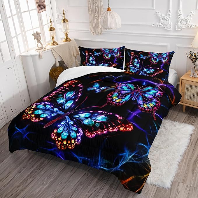 Colorful Butterfly Bedding Set, Queen Size Neon Butterfly Comforter Set, Room Decor for Kids Teens, 1 Quilt with 2 Pillowcases