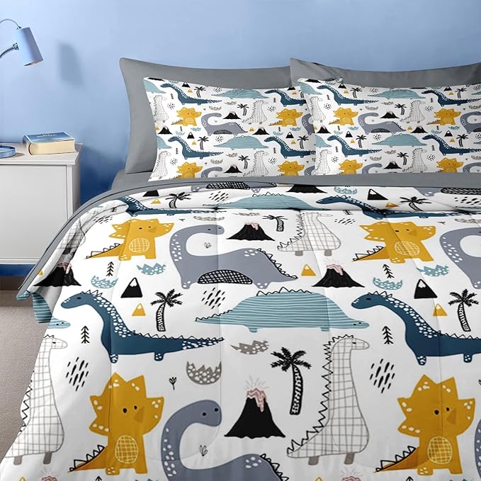 Nesker 7 Pcs Comforter Set Queen Size, Cute Dinosaur Dino Bedding for Kids Teen, Blue Yellow Dragon with Fitted Sheet 2 Pillowcases & 2 Shams for Bedroom Bed Décor