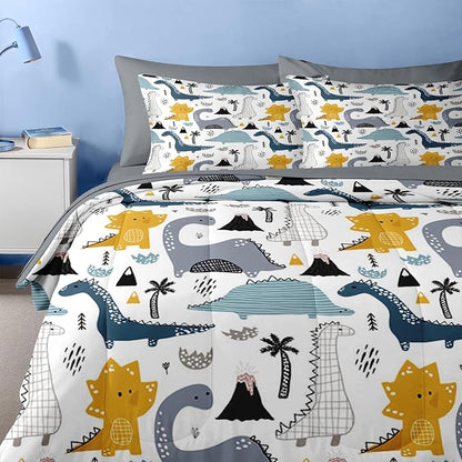 Nesker 7 Pcs Comforter Set Queen Size, Cute Dinosaur Dino Bedding for Kids Teen, Blue Yellow Dragon with Fitted Sheet 2 Pillowcases & 2 Shams for Bedroom Bed Décor