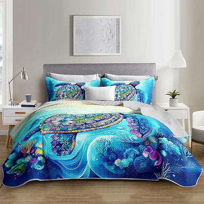 Blue Turtle Quilts Bedding Full 3Pcs Watercolor Flower Tortoise Bed Set Ocean Animal Coral Seaweed Starfish Pattern Bedspread Coverlet with 2 Pillowcases for Kid Boy Girl Teen Adult Room Decor