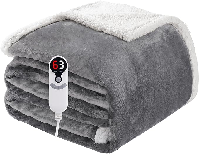 Electric Heated Blanket Full Size 72"x84", Soft Flannel with Overheat Protection, 6 Adjustable Heat Settings & 10-Hour Auto-Off Timer, Fast Heating for Winter Comfort, Light Gray