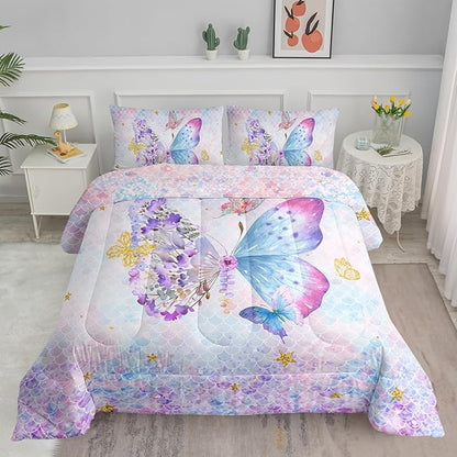 Axolotl Butterfly Bedding King,Rainbow Butterflies Comforter Set for Girls Teens,Butterfly Bedding for Girls with Golden Star Scales,Watercolor Butterflies Quilt Set with 1 Comforter 2 Pillowcases
