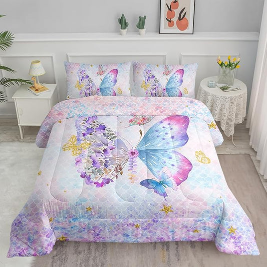 Axolotl Butterfly Bedding King,Rainbow Butterflies Comforter Set for Girls Teens,Butterfly Bedding for Girls with Golden Star Scales,Watercolor Butterflies Quilt Set with 1 Comforter 2 Pillowcases