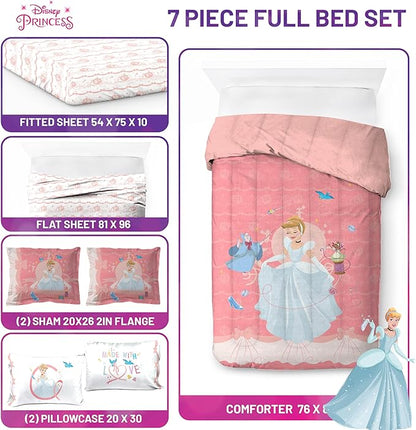 Jay Franco Kids Comforter Set Includes Sheets and Pillow Covers - Soft and Cozy Bed Set for Stylish Room Decor, Pink - Princess Cinderella, 7 Piece Full Size Bedding