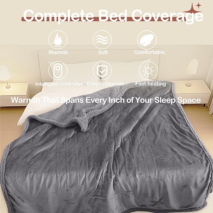 Heated Blanket Twin Size Electric Blanket 62" x 84" with 5 Levels Heating & 10Hs Auto Off, Silky Microplush Flannel & Warm Sherpa Fabric, Machine Washable, Great Christmas Birthday Gifts, Gray
