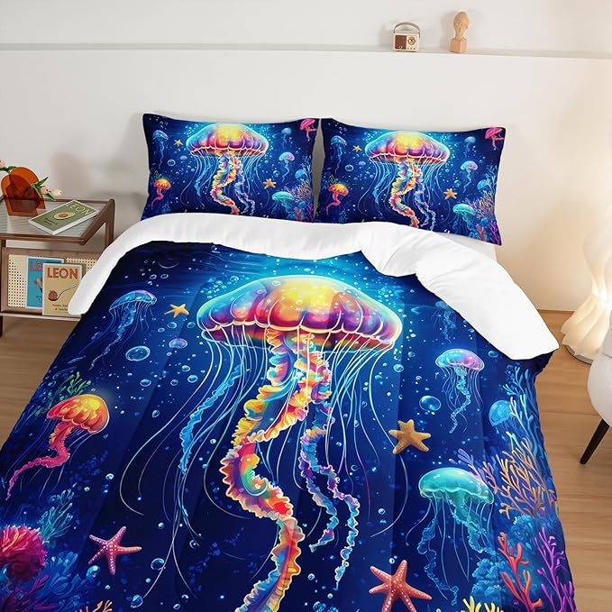 Fantasy Jellyfish Comforter Queen Bedding Sets for Girls Kids Toddlers,Coral Starfish Ocean Theme Bedroom Decor,Blue Underwater World Bedding Sets with 2 Pillowcases.