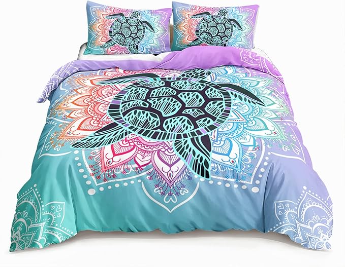 HOSIMA Sea Turtle Bedding,Coastal Beach Themed Bedding Queen Size for Kids Teen Girls Boys Room Decor, Mandala Turtle Comforter Cover with 2 Pillowcases.