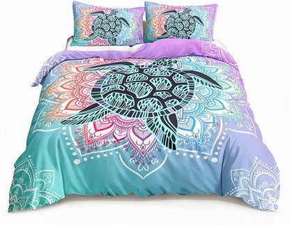 HOSIMA Sea Turtle Bedding,Coastal Beach Themed Bedding Queen Size for Kids Teen Girls Boys Room Decor, Mandala Turtle Comforter Cover with 2 Pillowcases.