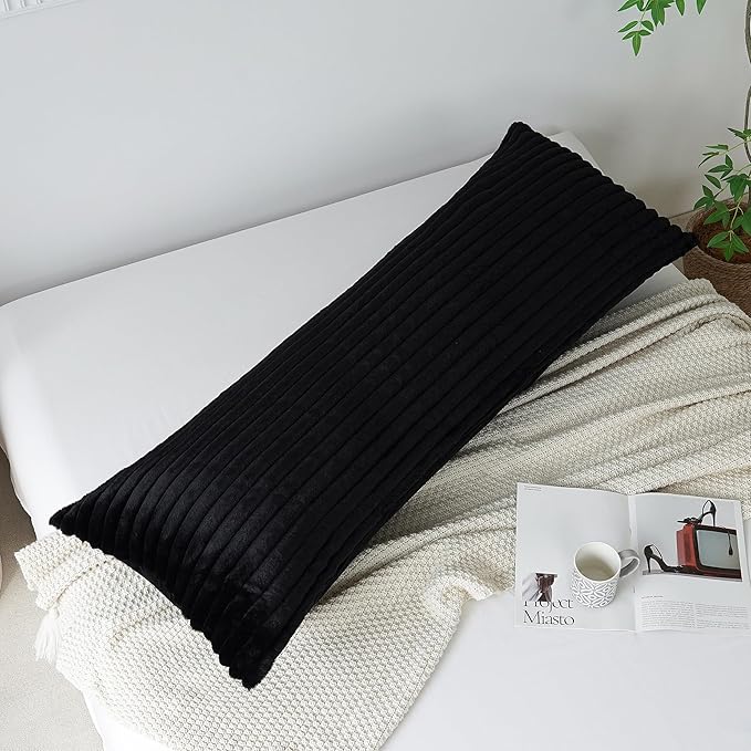 Full Body Pillow with Fluffy Stripe Faux Fur Removable Cover, Long Bed Pillow Adult 20x54 Inches for Side Sleeper and Pregnancy, Black.