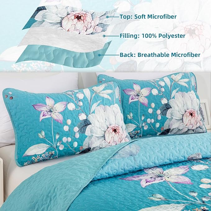 Drucon Floral Quilt Queen Size - 3 Pieces Aqua Blue Quilt Botanical Bedspread Soft Lightweight Flower Bedding Set for All Season (96"x90")