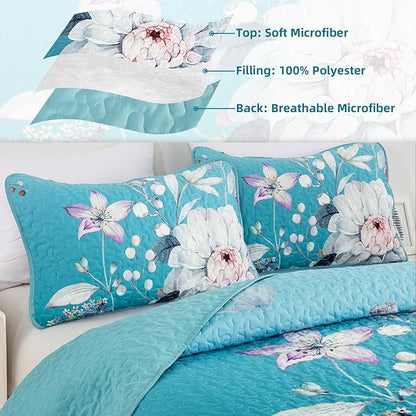 Drucon Floral Quilt King Size - 3 Pieces Aqua Blue Quilt Botanical Bedspread Soft Lightweight Flower Bedding Set for All Season (104"x90")