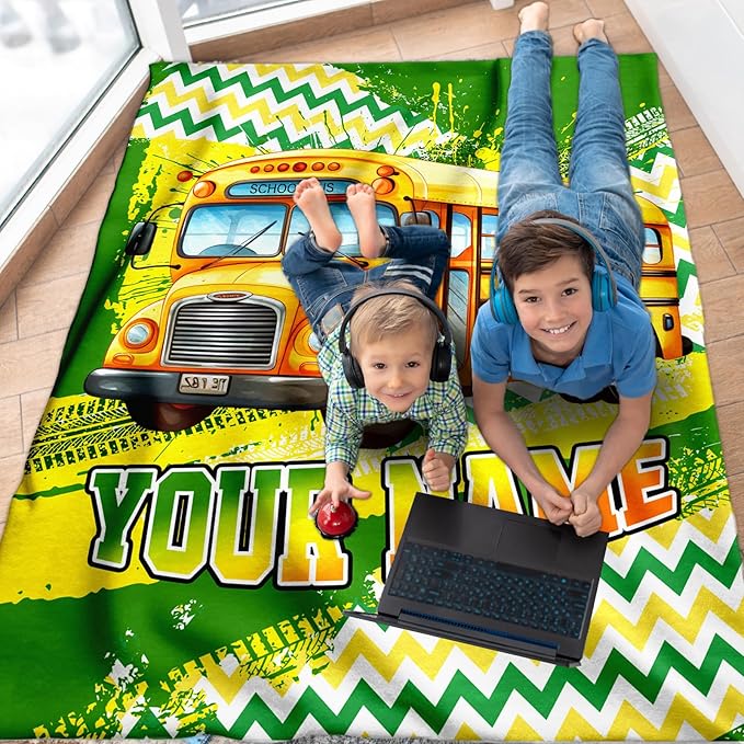 Blanket for Boys, Personalized School Bus Throw Blanket Gifts for Kids Boys Age 4-6, 40"x50" Cute Custom Flannel Blankets Gift for Son Cars Lovers Lightweight Throws for Couch Sofa Bed Decor