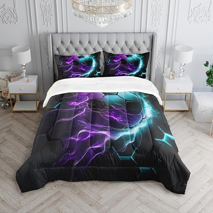 Soccer Print Themed Comforter 3Pcs Queen Gaming Sport Soccer Grid Bedding Set for Kid Teen Girl Boy Adult Balls Sports Games Blue Light Football Quilt Decor with 1 Comforter and 2 Pillowcases