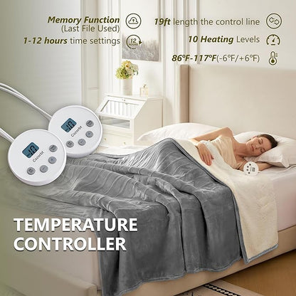 Heat Blanket 84”x90” Queen Size-Dual Control，Soft Flannel & Sherpa Electric Blanket with 10 Heat Settings,12 Timer Setting and 8 Hours Auto-Off,ETL Certified Machine Washable,Light Grey