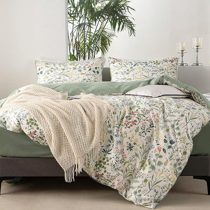Floral Twin Duvet Cover 100% Soft Cotton 3 Pieces Flower Bedding Set for Girls Fresh Chic Garden Style Green Botanical Floral Pattern Printed Twin Flower Duvet Cover, with Zipper Closure