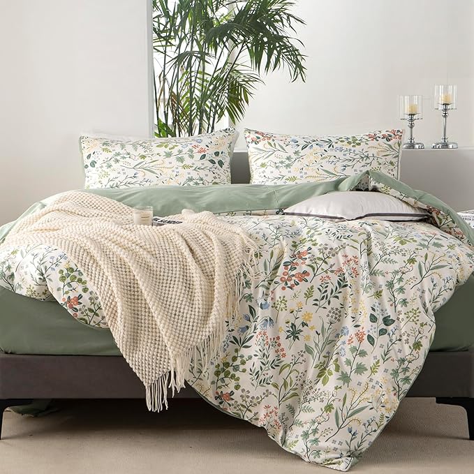 Queen Duvet Cover Set Floral 100% Soft Cotton 3 Pieces Flower Bedding Set for Girls Fresh Chic Garden Style Green Botanical Floral Pattern Printed Flower Queen Duvet Cover, with Zipper Closure