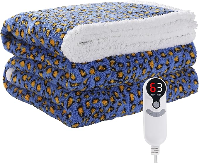Electric Heated Blanket Throw 50"×60" with 6 Heating Levels &3 Hours Auto Off, Heating Double Sided Plush Sherpa, Fast Heating, Machine Washable Leopard Print Blue & Yellow