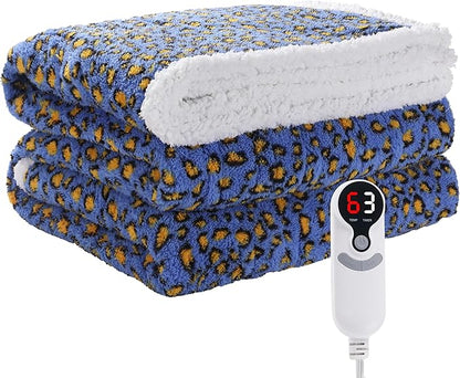 Electric Heated Blanket Full Size 72"×84" with 6 Heating Levels &10Hs Auto Off, Heating Double Sided Plush Sherpa, Fast Heating, Machine Washable Leopard Print Blue & Yellow