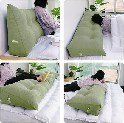 11 lbs Thickened Headboard Pillow Wedge Pillow Headboard Reading Pillow Bed for Comfortable Backrest Reading Triangular Pillow with Side Pocket for Sitting in Bed Cotton Linen Green Queen