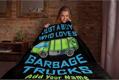 custom Throw blanket Just A Boy Who Loves Garbage Truck with Your text custom Throw blanket with Your text personalized blankets best gifts for Family, Friends 120"x90" Extra Large for Family