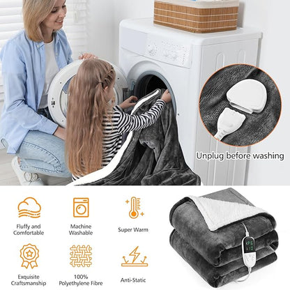 Heated Blanket Electric Throw 52"X60",Electric Blanket with Foot Pocket,6 Heat Settings & 1-10 Hours Time Settings Auto-Off,Machine Washable Heating Blanket for Home and Office (Gray)